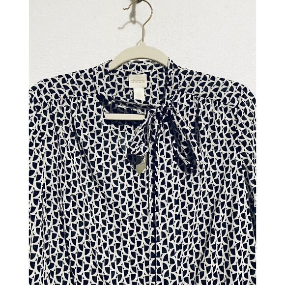 Chicos Top Womens Medium 8 White Black Geometric Bow Semi Sheer Long Sleeve - Picture 2 of 7